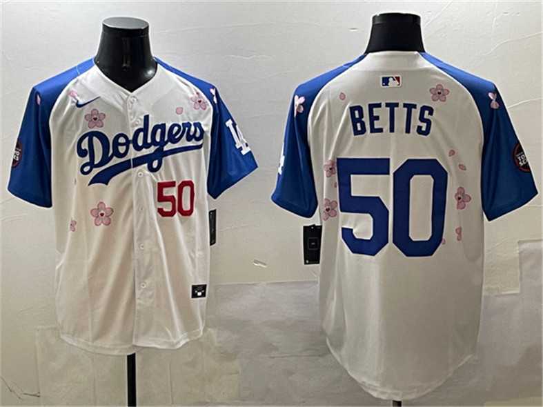 Men%27s Los Angeles Dodgers #50 Mookie Betts White Royal 2025 Tokyo Series Limited Stitched Jersey->los angeles dodgers->MLB Jersey